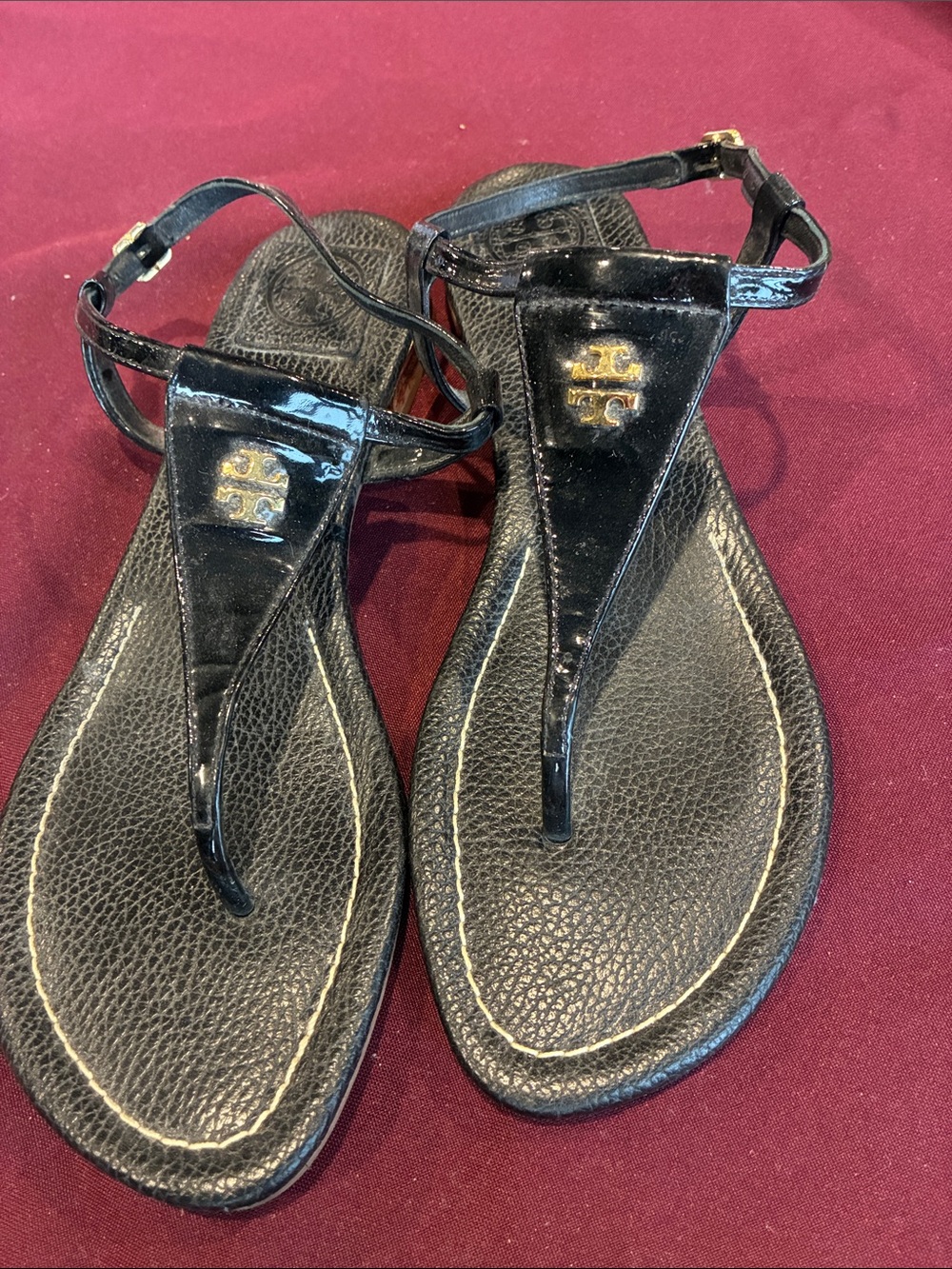 Tory Burch Black Patent Leather T-Strap Sandals with Gold Logo